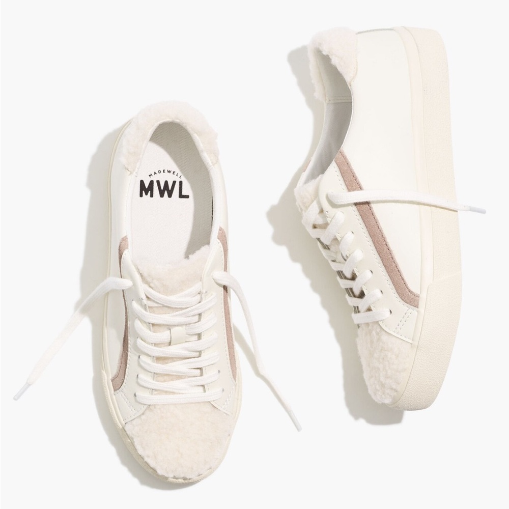 Madewell Sidewalk Low-Top Sneakers in Leather Sherpa Lace Up Casual